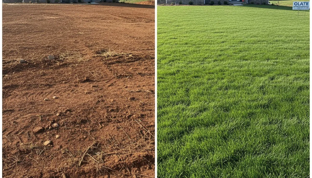 Before and after hydroseeding showing bare soil transforming to lush green lawn in Olathe, KS