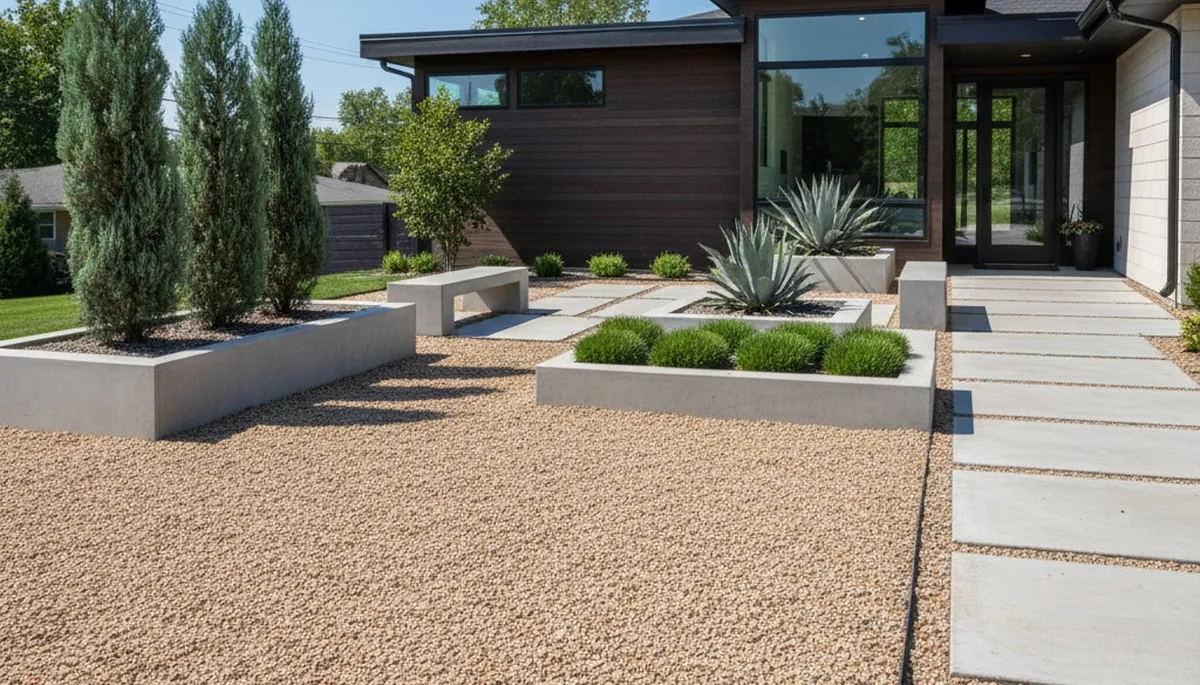 Modern pea gravel landscape design with geometric lines in Olathe, KS by Chop Chop Landscaping