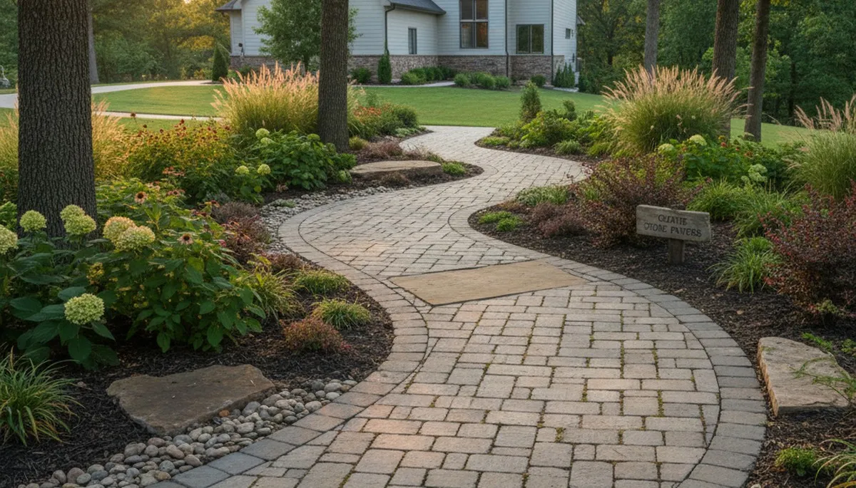 Curved stone paver pathway with expert landscaping design in Olathe, KS by Chop Chop Landscaping