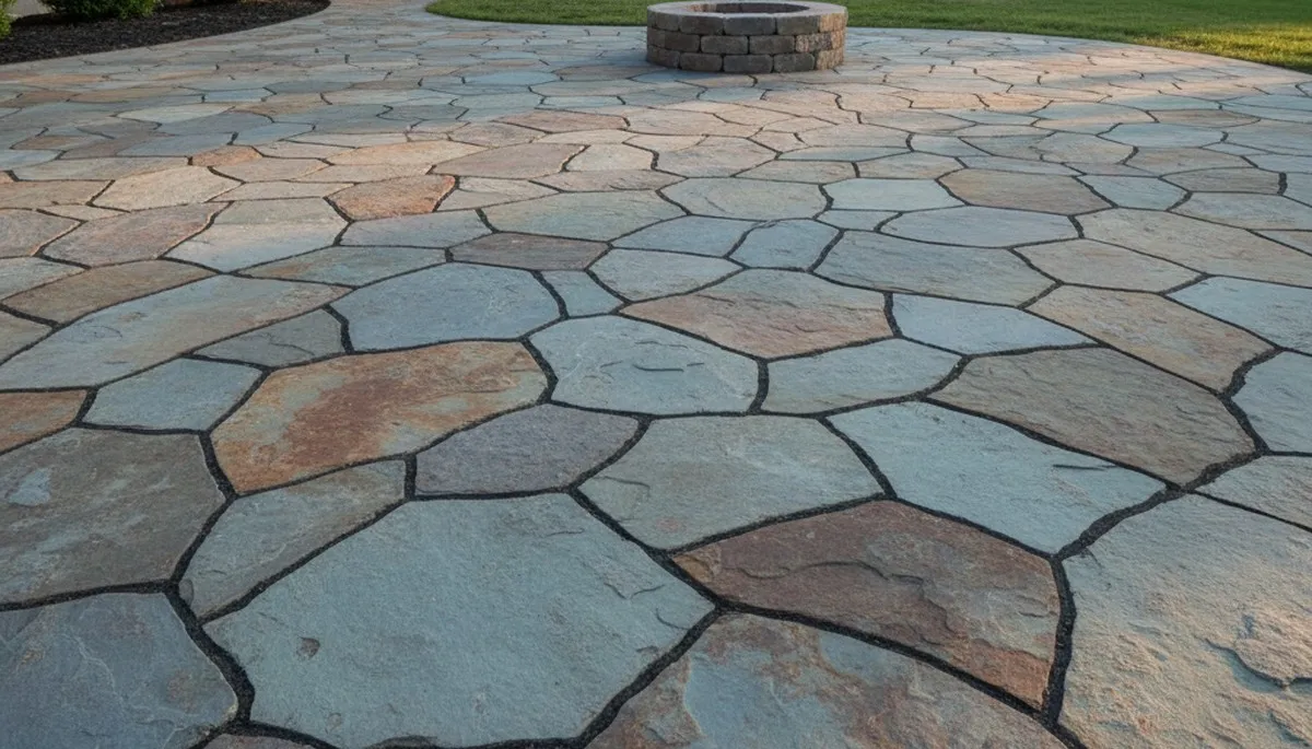 Flagstone patio installation with natural stone pavers by Chop Chop Landscaping in Olathe, KS