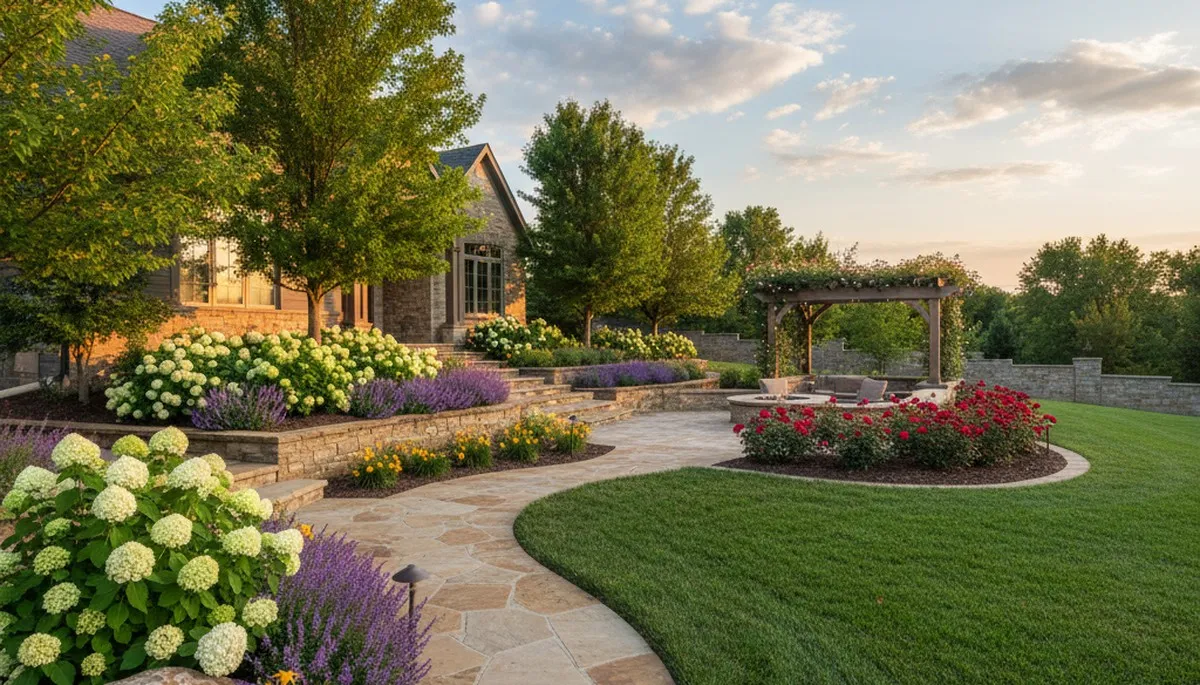 Full property landscape design with lawn, hardscape, and plantings by Chop Chop Landscaping in Olathe, KS