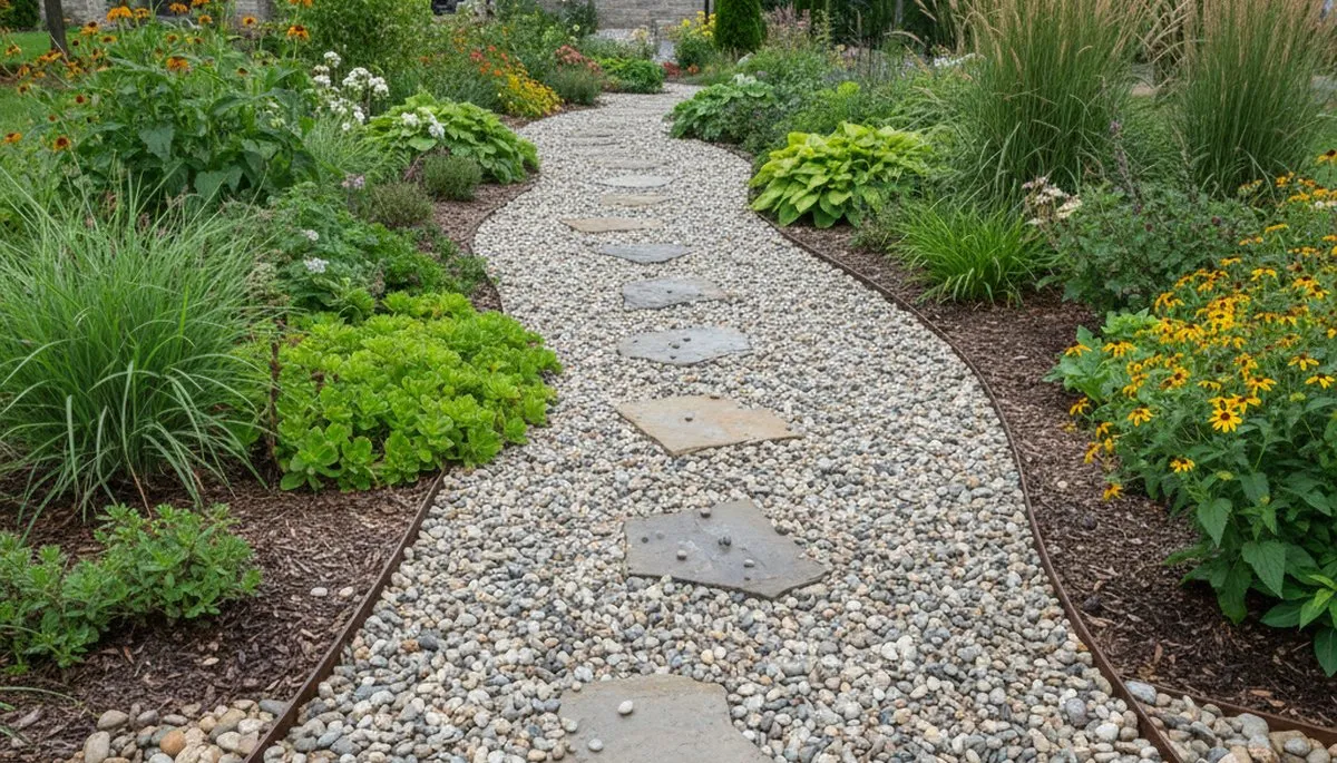 Pea gravel garden path installation with clean borders by Chop Chop Landscaping in Olathe, KS