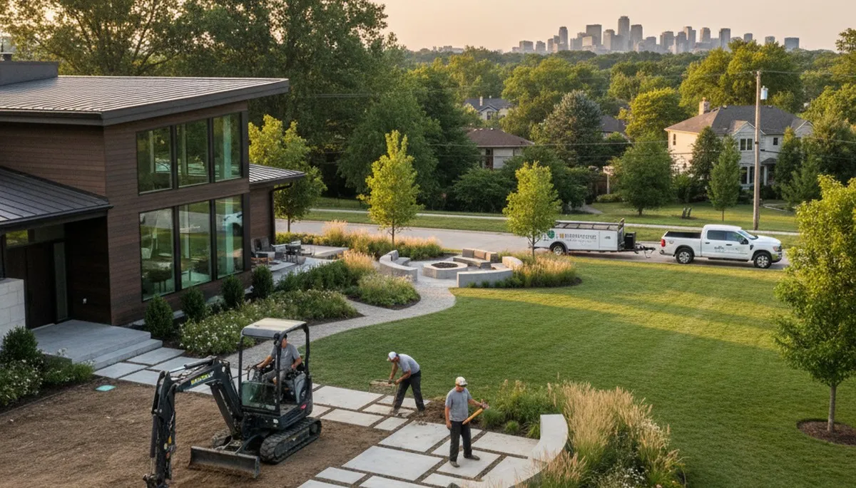 Landscaping crew providing lawn care services in Olathe, KS for a well-maintained yard