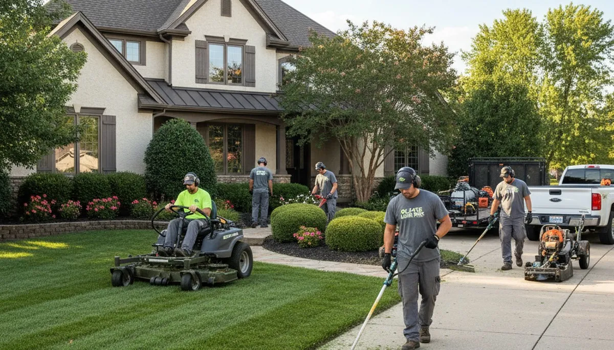 Professional lawn care crew mowing, edging, and trimming a residential yard in Olathe, KS