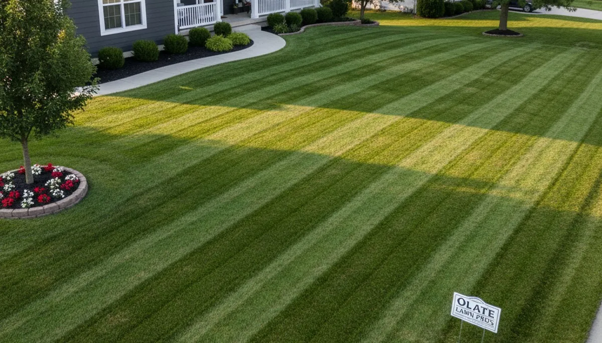 Professional lawn mowing with crisp stripes and clean edges at Olathe, KS home by Chop Chop Landscaping
