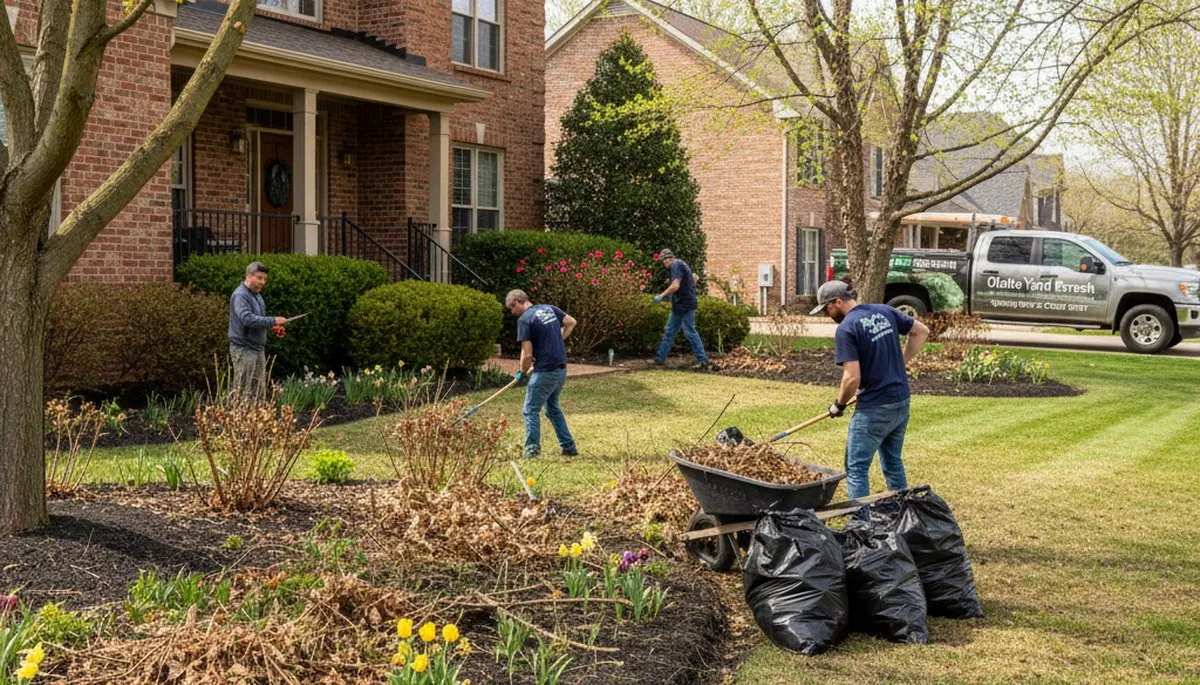Landscapers cleaning garden beds and pruning during spring yard cleanup in Olathe, KS