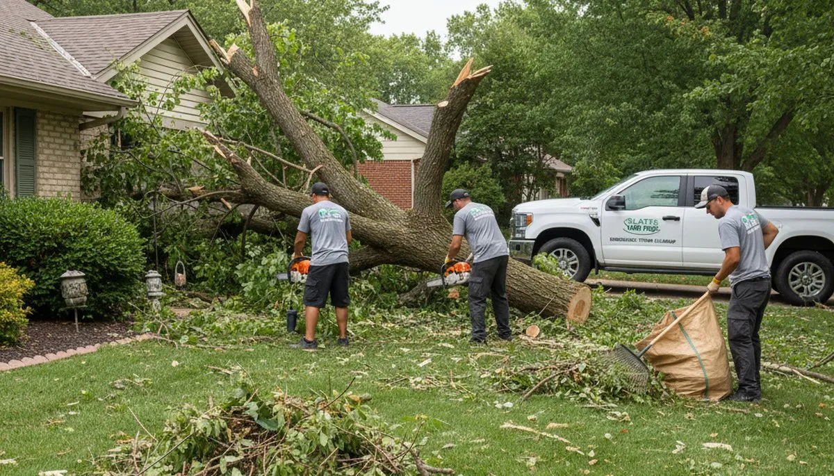 Crew removing storm debris and branches after storm damage cleanup in Olathe, KS residential yard